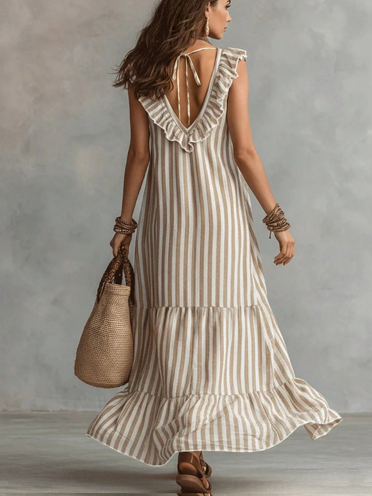 Women's V-neck Ruffled Summer Stripe Maxi Dress