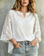 Women's Boho Romantic Flare Sleeve White Sheer Lace Top