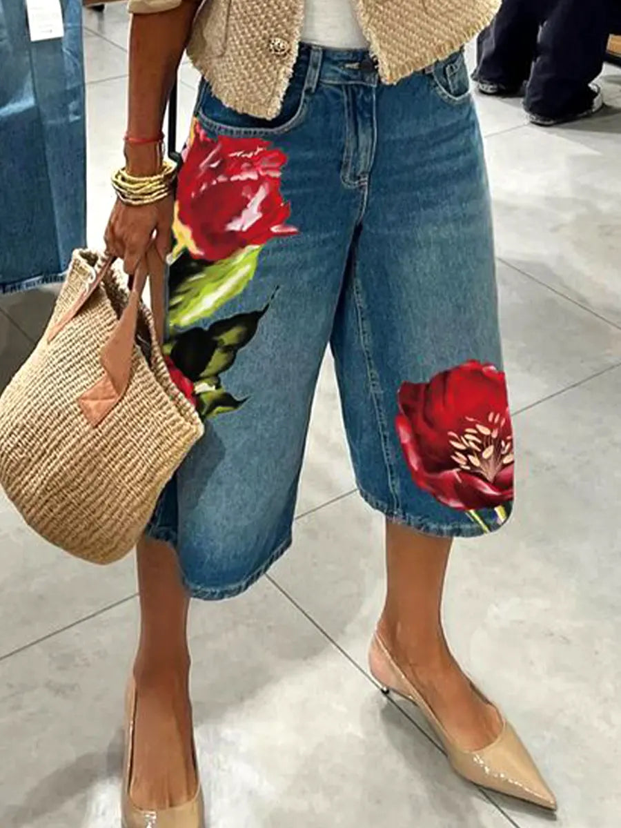 Women's Retro Casual Flowers Print Denim Shorts