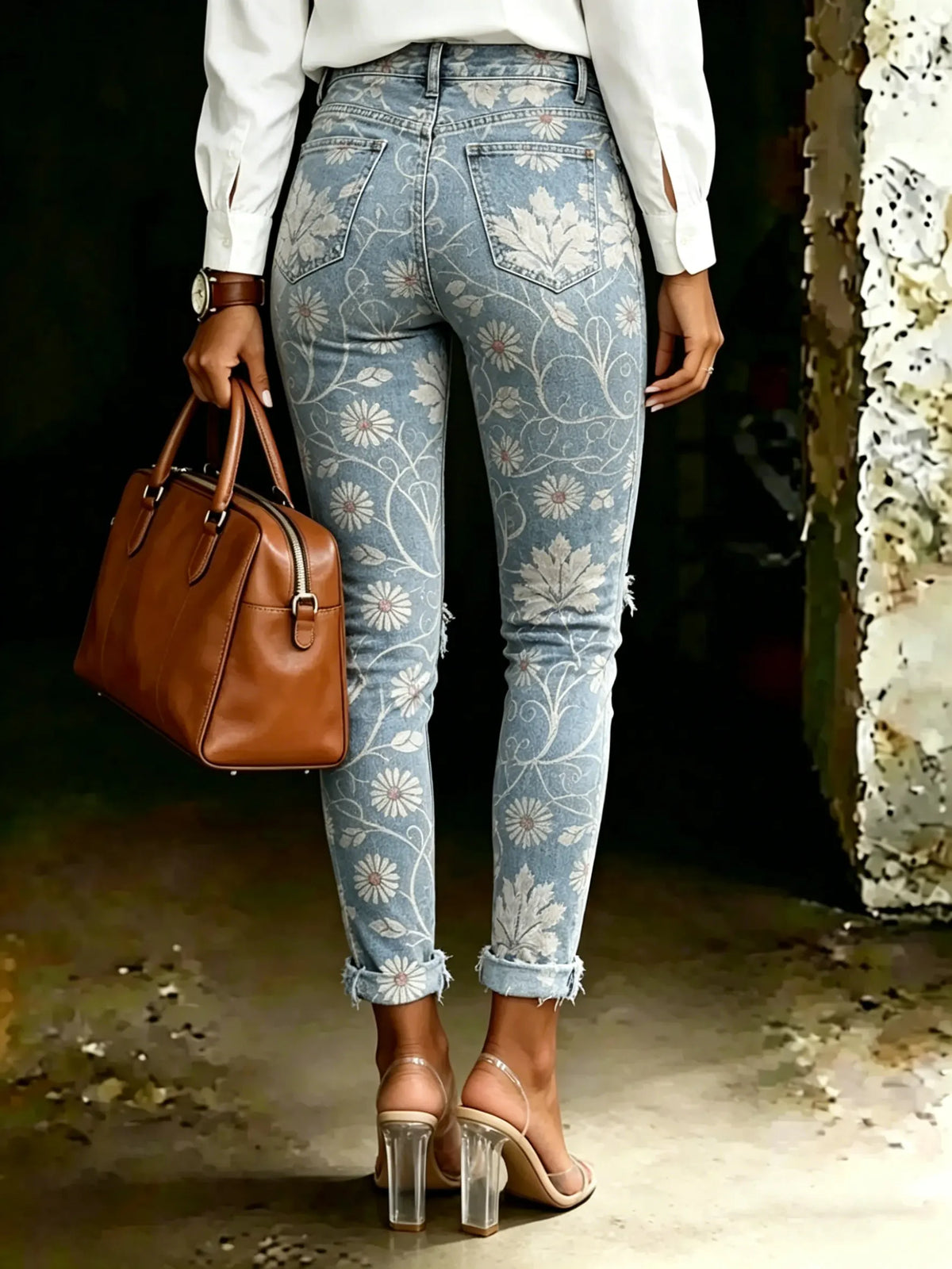 Women's Vintage Ethnic Floral Print Casual High-waisted Ripped Skinny Jeans