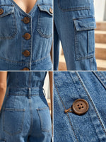 Women’s Solid-color Vest V-neck And Pockets Casual One Piece Denim Jumpsuit