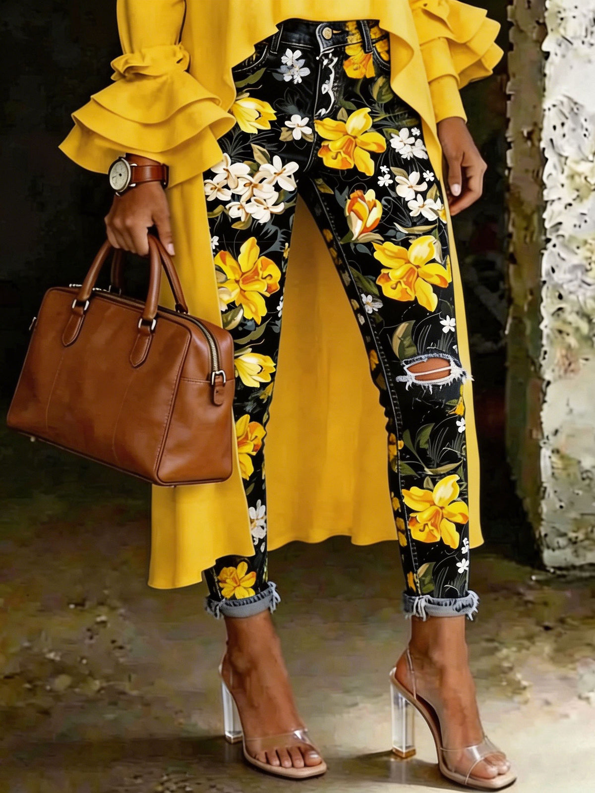 Women's Floral Art Print Art Ripped Skinny Jeans