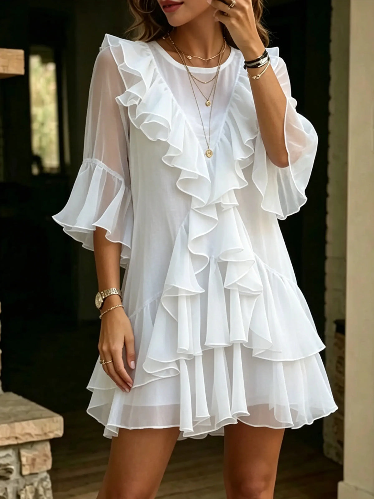 Chiffon Ruffle Flounce Mini Dress V-neck Loose Flowy Boho Party Beach