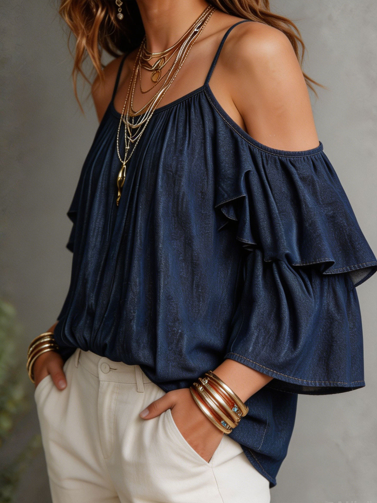 Women's Fashionable Strapless Ruffled Off-shoulder Causal Blouse Top