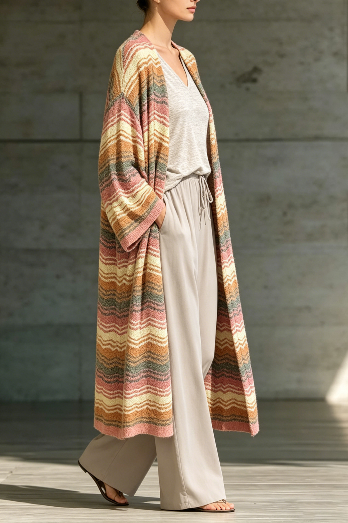 Women's Longline Cardigan V-neck Top Wide-leg Pants Set