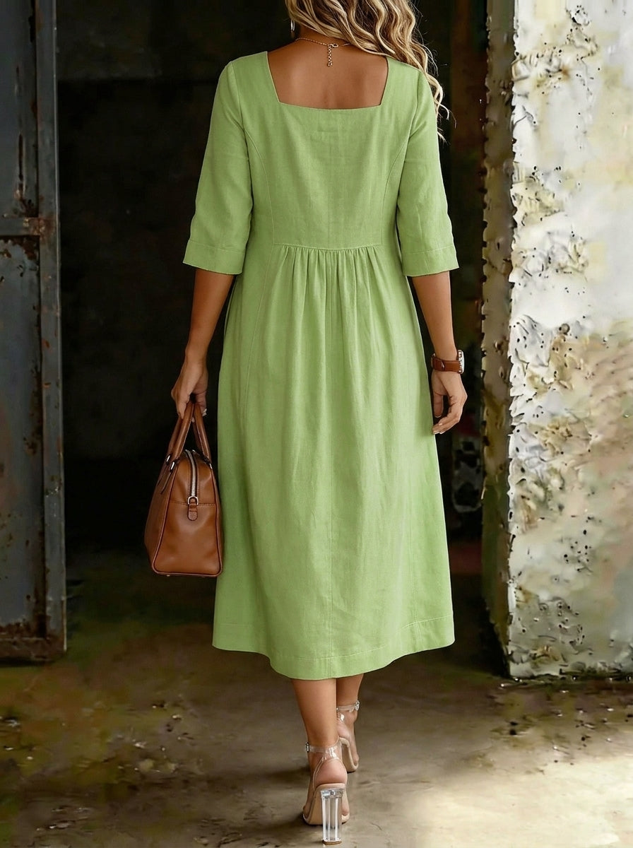 Women’s Causal Square Neck 3/4-sleeve High-waisted Pockets Maxi Dress