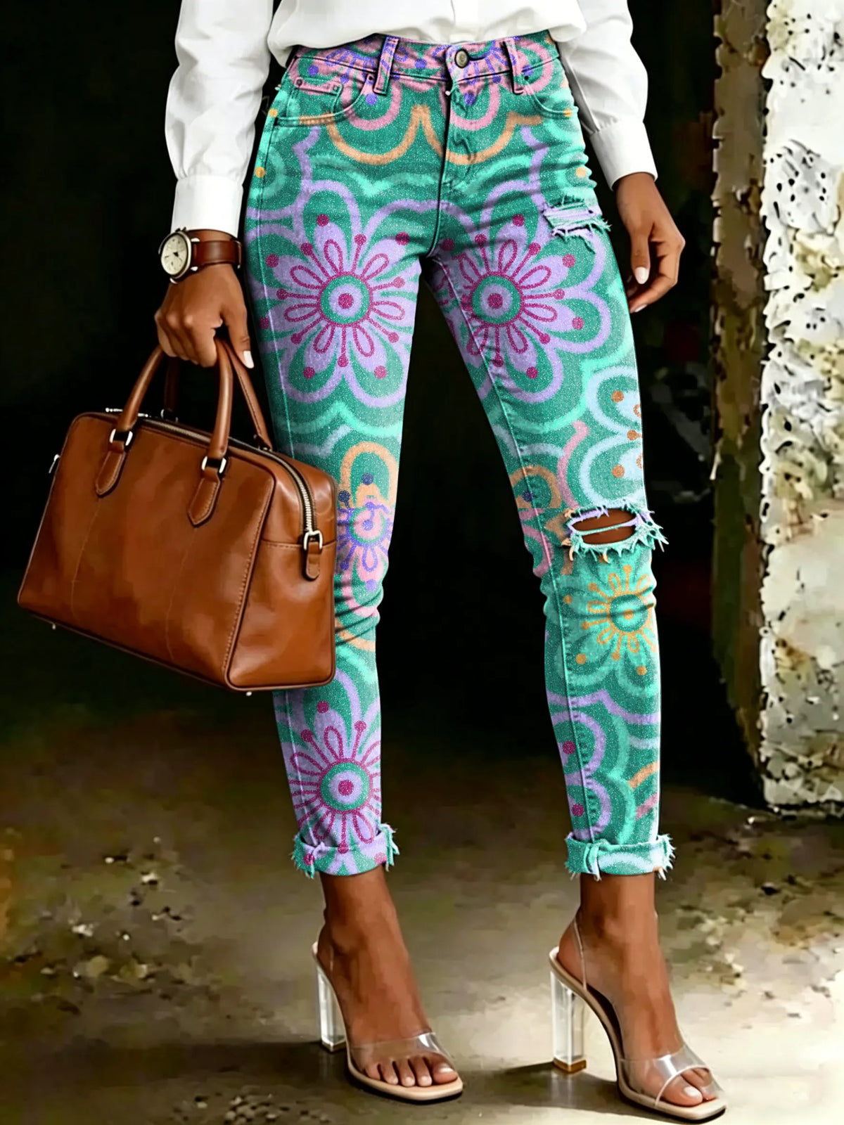 Women's Vintage Floral Totem Print Casual High-waisted Ripped Skinny Jeans