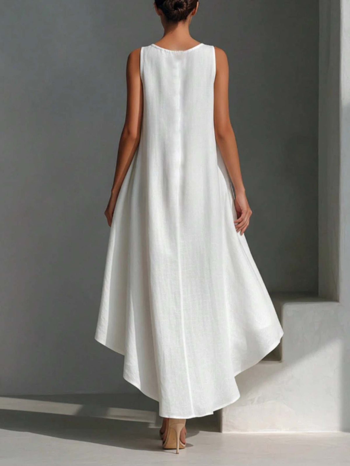 Women's Linen Sleeveless Crew-neck Dress With Asymmetrical High-low Hem
