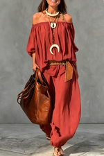 Women's Russet Cotton-linen Boat-neck Shirt Joggers Set