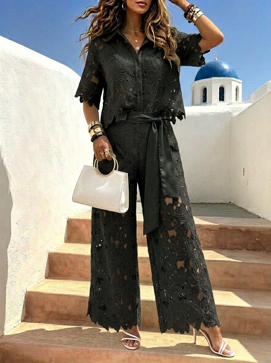 Women‘s Solid-color Cut-out Cardigan Top And Wide-leg Pants Two-piece Set For Women