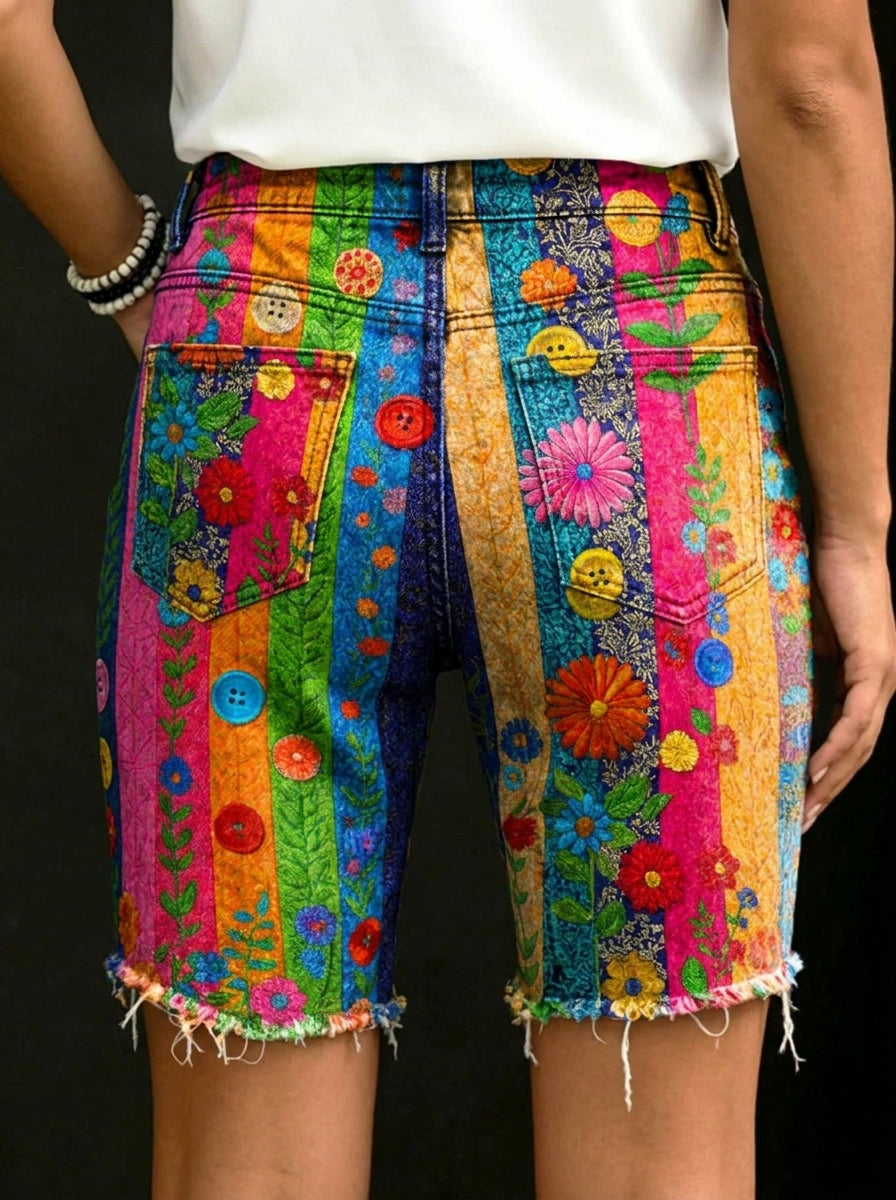 Women's Floral Art Print Casual Denim Shorts