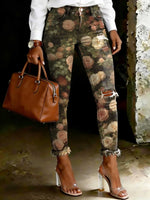 Women's Floral Print Art Ripped Skinny Jeans