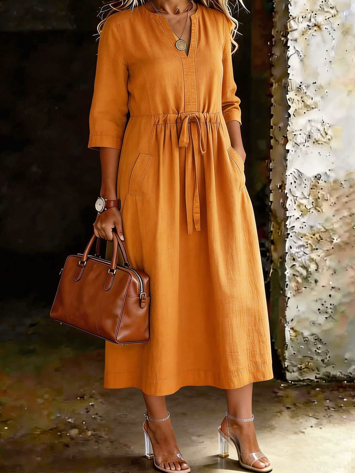 Women’s V-neck 3/4-sleeve Elastic Drawstring High-waisted Pockets Dress