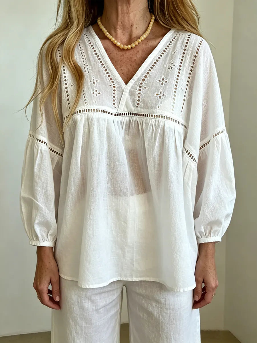 Women's Fashion Casual Loose-fit V-neck Cotton Shirt