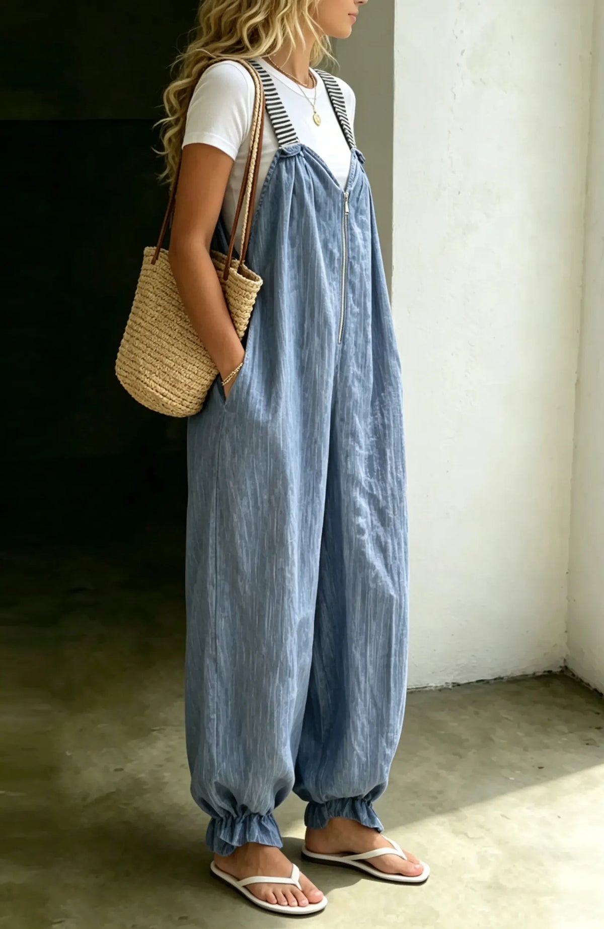 Women's Loose Denim Jumpsuit With Striped Straps, Casual Front Zip Harem Romper With Pockets