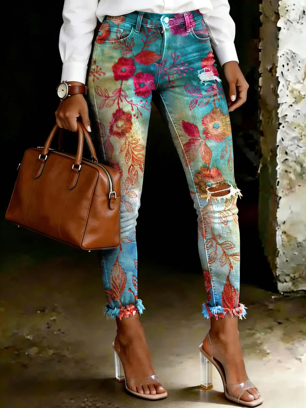 Women's Vintage Gradient Floral Art Ripped Skinny Jeans