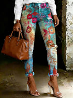 Women's Vintage Gradient Floral Art Ripped Skinny Jeans