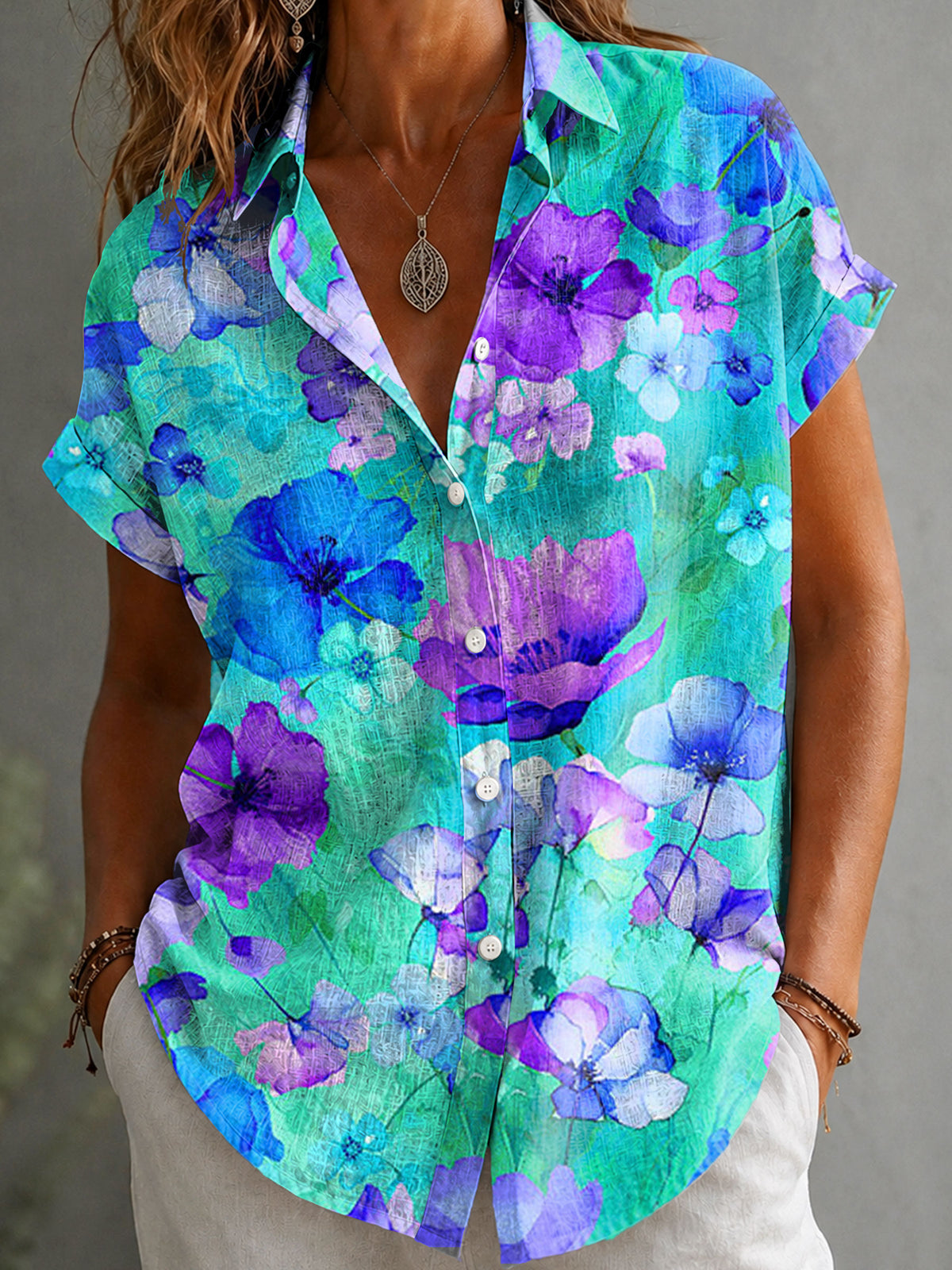Women's Floral Print Short Sleeve Casual Shirts