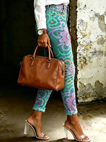 Women's Vintage Floral Totem Print Casual High-waisted Ripped Skinny Jeans