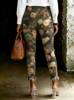 Women's Floral Print Art Ripped Skinny Jeans