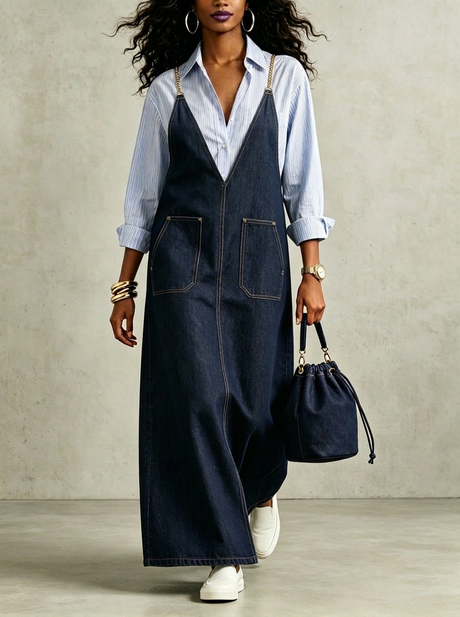 Women's Stylish Causal Metal Chain Strap Pockets V-neck Maxi Dress