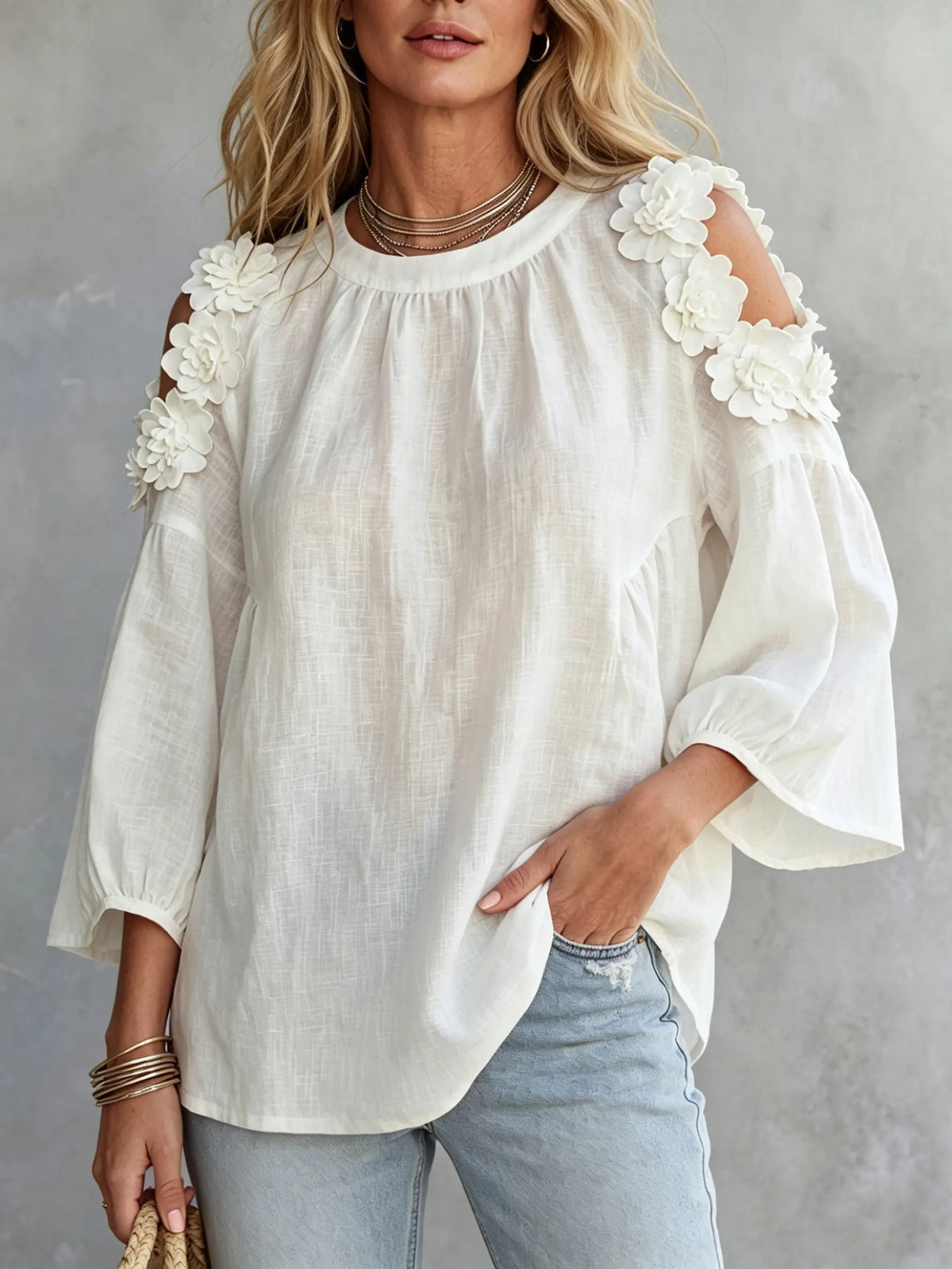 Women's Floral Applique Cold Shoulder Blouse Top