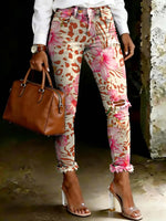 Women's Vintage Tropical Flower Leopard Print Art Ripped Skinny Jeans