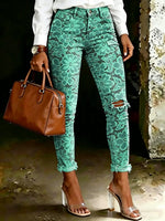 Women's Vintage Floral Print Casual High-waisted Ripped Skinny Jeans