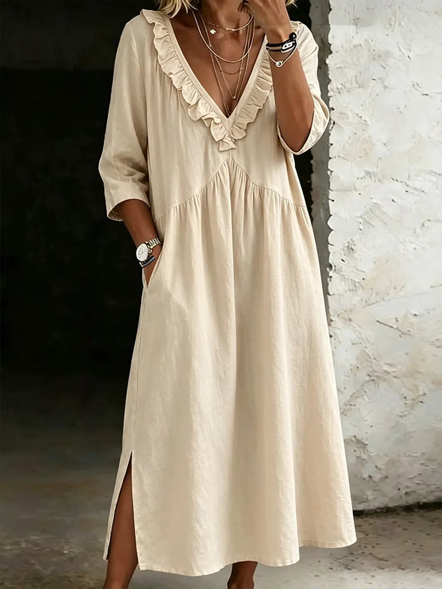 Women's Casual Retro V-Neck Ruffles Cotton Linen Dress