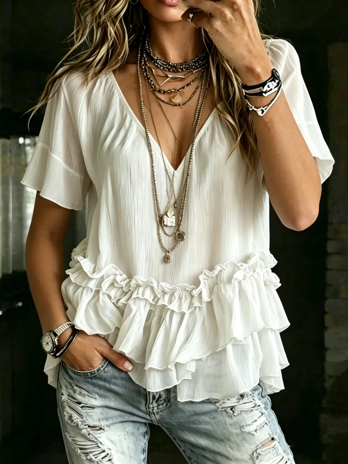 Women's V Neck Ruffle Short Sleeve Blouse Top