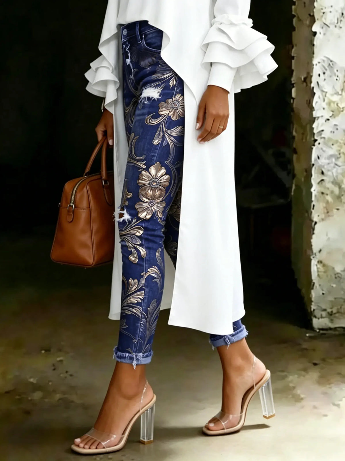 Women's Vintage Floral Print Casual High-waisted Ripped Skinny Jeans