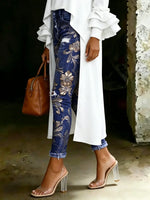 Women's Vintage Floral Print Casual High-waisted Ripped Skinny Jeans