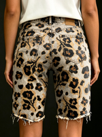 Vintage Floral Leopard Print Art Print Casual Denim Shorts