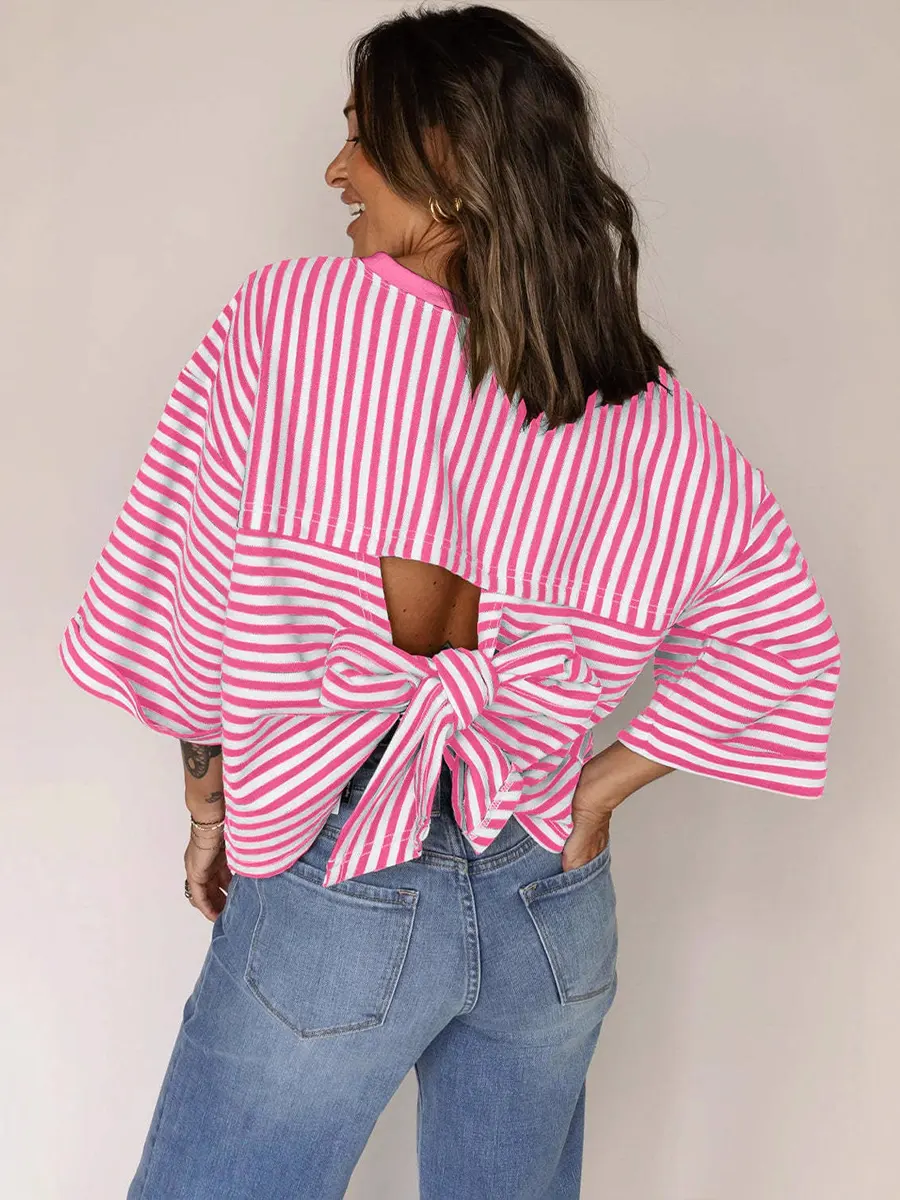 Women's Casual Crew-neck Striped Short-sleeve Top With Back Tie-bow Detail