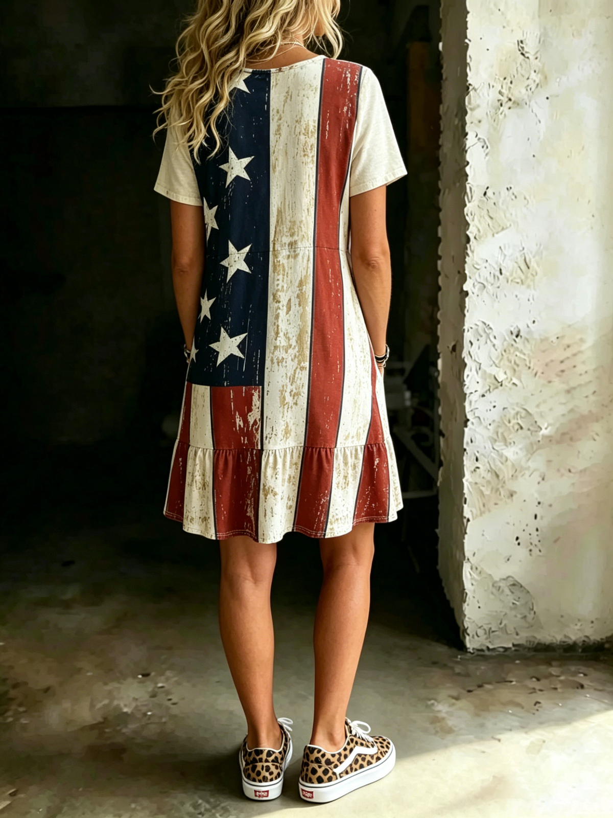 Women's American Flag Print V-neck Short-sleeve Dress