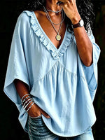 Women's Fashion Casual Loose-fit V-neck Ruffles Cotton Shirt