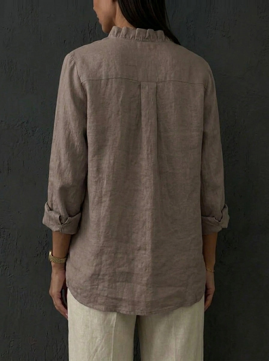 Women's Casual Cotton And Linen Ruffle Shirt