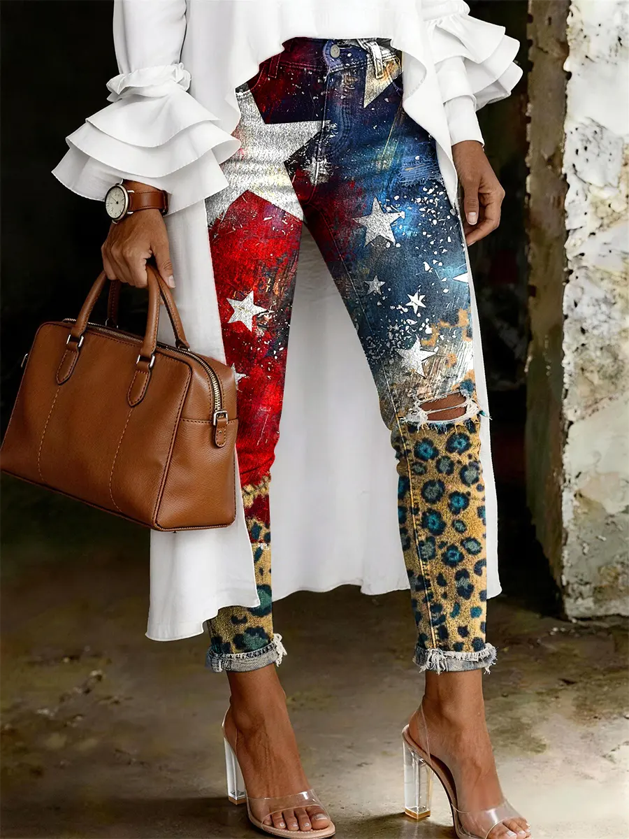 Women's Fashion Casual Independence Day Leopard Print Ripped Skinny Jeans