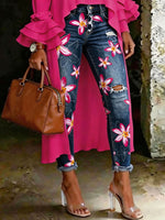 Women's Floral Art Print Art Ripped Skinny Jeans