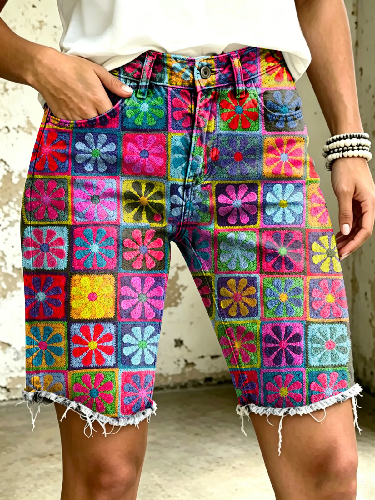 Women's Vividly Checkered Pattern Floral Totem Art Print Casual Denim Shorts