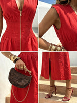 Women’s Smocked Casual Zipper V Neck Cap Sleeve High Slit Long Dresses