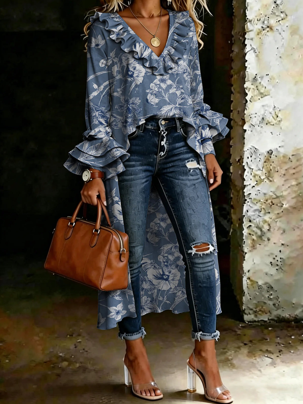 Women's Vintage Floral Art Casual Ruffled V-neck Cotton Shirt