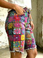 Women's Vividly Checkered Pattern Floral Totem Art Print Casual Denim Shorts