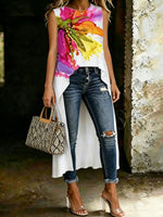 Women's Flower Print Low-high Design Sleeveless Top