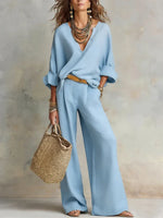 Women's V-neck Top Wide-leg Pants Light Blue Linen Two-piece Set