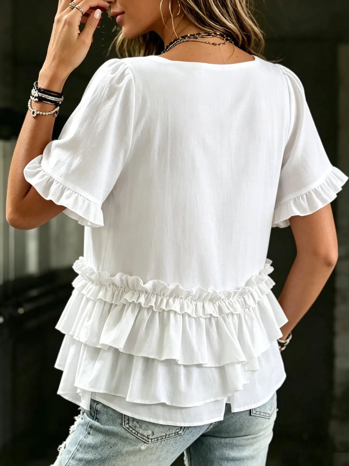 Women's Square Neck Ruffle Short Sleeve Blouse Top