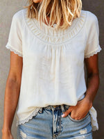 Women's Round-neck Lace-trimmed Short-sleeve Cotton-linen Top