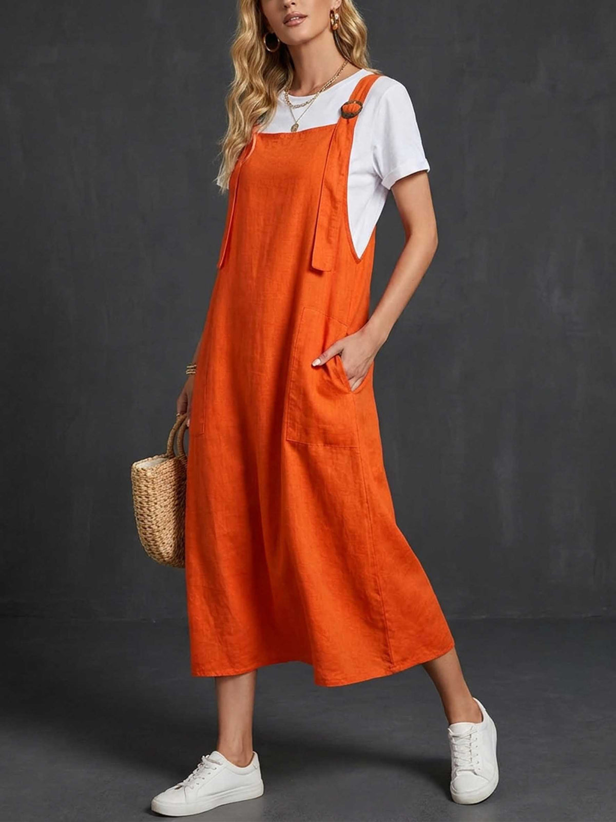 Women's Adjustable Shoulder Strap Pocket Cotton And Linen Dress