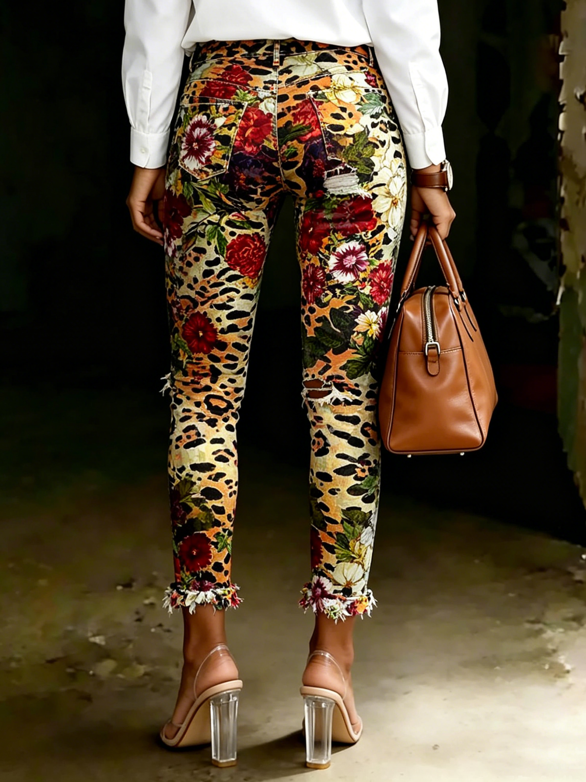 Women's Retro Leopard Print Floral Art Ripped Skinny Jeans