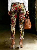 Women's Retro Leopard Print Floral Art Ripped Skinny Jeans